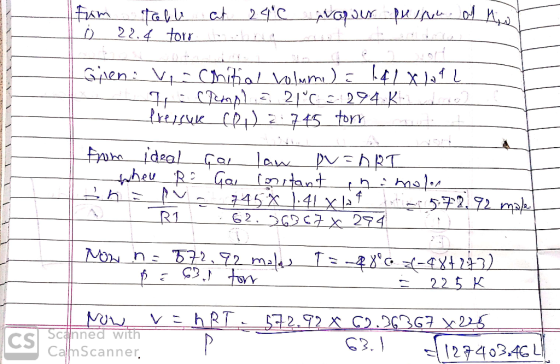 from tolle at 24°C 22.4 torr och vorser pulu of Mid Gjien via Chitial volume) = 1.41X lotu We canol.21°C C-294 Kn Pressure co