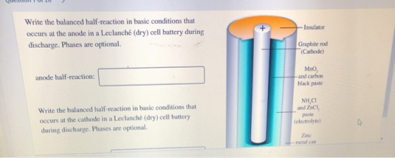 -Insulator Write the balanced half-reaction in basic conditions that occurs at the anode in a Leclanché (dry) cell battery du