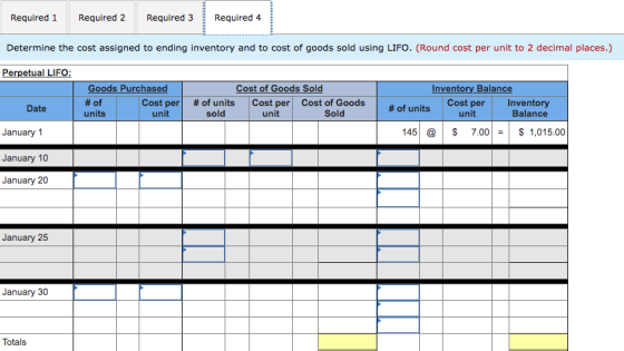 Required 1 Required 2 Required 3 Required 4 Determine the cost assigned to ending inventory and to cost of goods sold using L