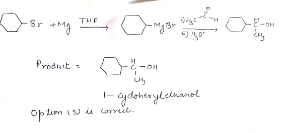 D orong mundo, generation contrast THE MaBr C-OH Product = Ćon . CH₂ 1- cyclohexylethanol correct. Option (1) is
