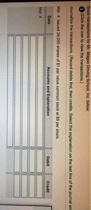 Stock transactions for Mr. Magoo Driving School, Inc. follow 6 (Click the icon to view the transactions.) Journalize the transactions. (Record debits first, then credits. Select the explanation on the last line of the journal ent Mar. 4: Issued 26,000 shares of $1 par value common stock at $9 per share Date Accounts and Explanation Debit Credit Mar. 4