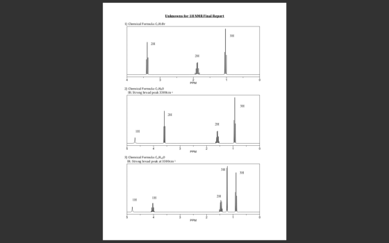 Unknowns for 1H NMR Final Report 1) Chemical Formula: CaH;Br Зн 2H 2H PPM 2) Chemical Formul a: C; HgO IR: Strong broad peak