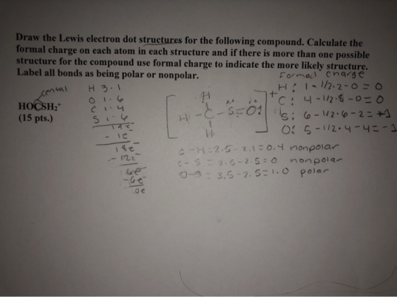 Draw the Lewis electron dot structures for the following compound. Calculate the formal charge on each atom in each structure
