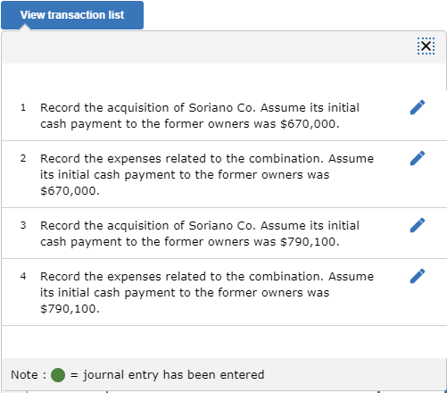 View transaction list X Record the acquisition of Soriano Co. Assume its initial cash payment to the former owners was $670,0