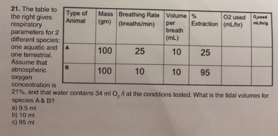 21. The table to | Type of | Mass | Breathing Rate | Volume | % the right gives Animal (gm) (breaths/min)p respiratory parameters for 2 different species: one aquatic and A one terrestrial. Assume that atmospheric oxygen concentration is 02 used Oused per Extraction (mL/hr) breath (mL) 100 25 10 25 100 10 10 95 21%, and that water contains 34 ml O. at the conditions tested, what is the tidal volumes for species A & B? a) 9.5 ml b) 10 ml c) 95 ml