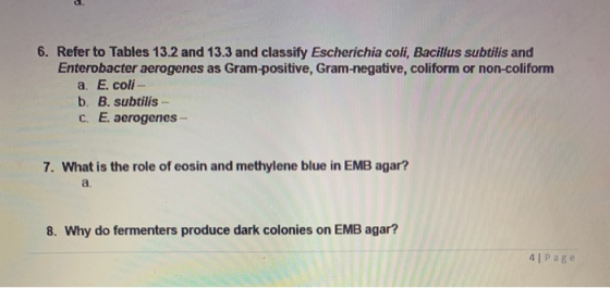 6. Refer to Tables 13.2 and 13.3 and classify Escherichia coli, Bacillus subtilis and Enterobacter aerogenes as Gram-positive