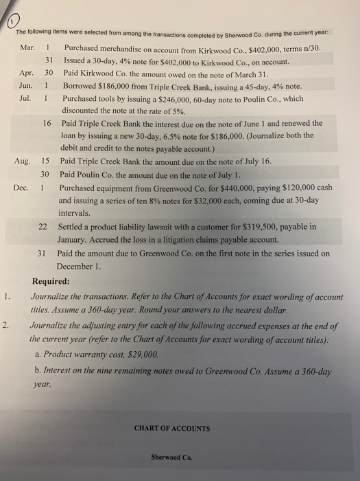 The following items were selected from among the transactions completed by Sherwood Co. during the current year Purchased mer