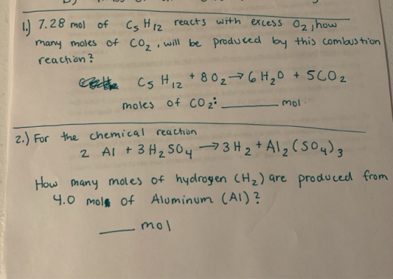 7.28 mol of Cs H12 reactS with excess 02how many moles of Co, ,will be Produced by this combus tion reachon? + SCO2 Celte Cs