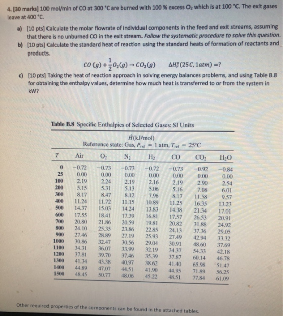 4. [30 marks] 100 mol/min of CO at 300 °C are burned with 100 % excess Oz which is at 100 °C. The exit gases leave at 400 °C.