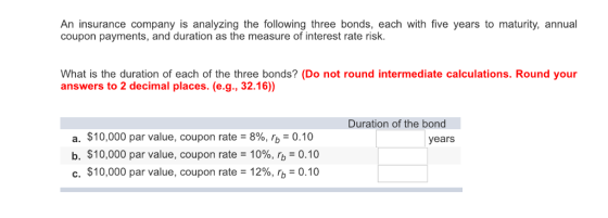 An insurance company is analyzing the following three bonds, each with five years to maturity, annual coupon payments, and duration as the measure of interest rate risk. What is the duration of each of the three bonds? (Do not round intermediate calculations. Round your answers to 2 decimal places. (e.g., 32.16)) Duration of the bond a. $10,000 par value, coupon rate-8%, 6-0.10 b. $10,000 par value, coupon rate-10%, rb-0.10 c, $10,000 par value, coupon rate-12%, rb-0.10 years