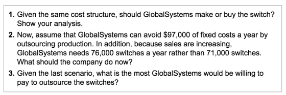 1. Given the same cost structure, should GlobalSystems make or buy the switch? Show your analysis. 2. Now, assume that Global