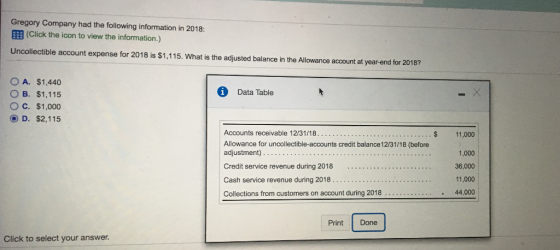Gregory Company had the following information in 2018: EE (Click the icon to view the information.) Uncollectible account expense for 2018 is $1,115. What is the adjusted balance in the Allowance account at year-end for 2018? OA. $1,440 B. $1,115 O C. $1,000 D. $2,115 G Data Table Allowance for uncollectible-accounts credit balance12/31/18 (before adjustment).. . Credit service revenue during 2018.. . . . . . . . .. . . . . . . . Cash service revenue during 2018 Collections from customers on account during 2018 $ 11,000 1,000 36,000 11,000 44,000 Print Done Click to select your answer