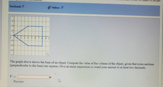 Textbook videos The graph above shows the base of an object. Compute the value of the volume of the object, given that cross