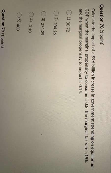 Question 78 (1 point) Calculate the impact of a $96 billion increase in government spending on equilibrium GDP when the margi