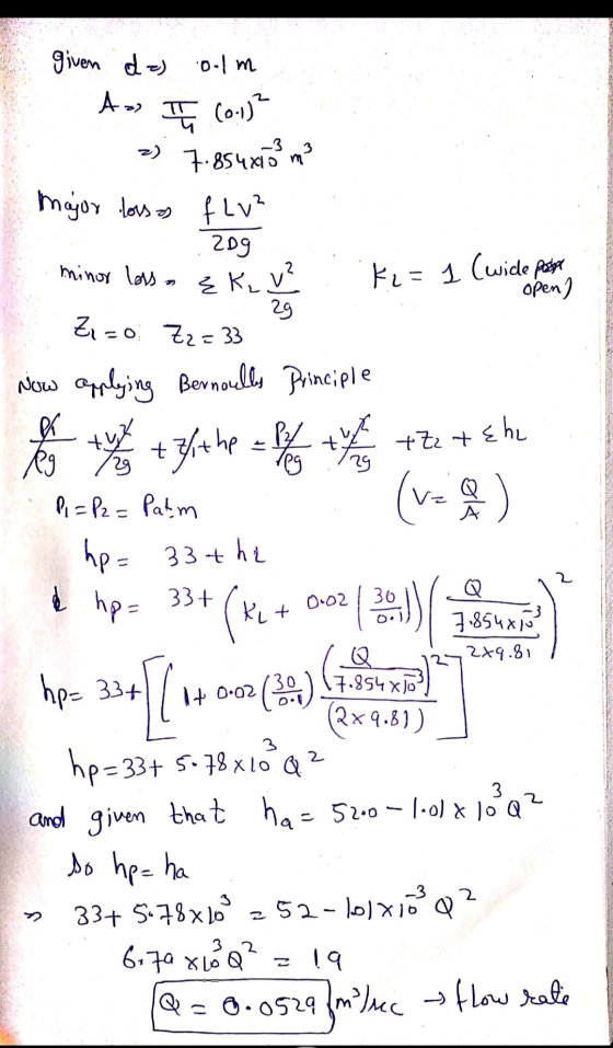 (0.1)? m² 2-10)xió Q? given da) olm Am z) 7.8540103 major loss as fLv² 2D9 minor loss a zk, v² Ke=1 (widle passe open) 29 Zi=