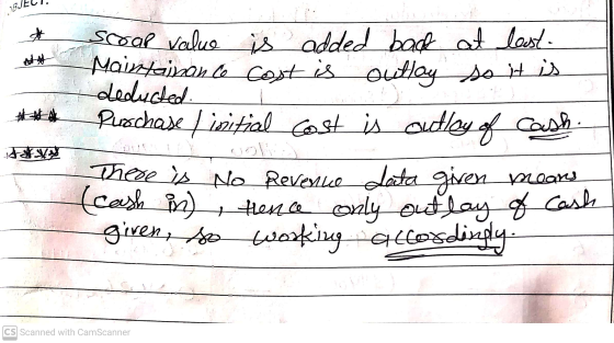 18J * Scoal value is added back at last- Maintainan to cost is outlay so it is deducted Purchase / initial Cost is outley of