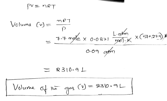 PVnRT Volume C P Ln x+3 O 0 am R310.9 L Volume 2310 L
