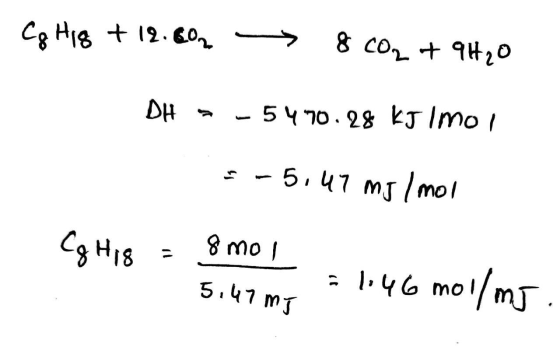 Cg Hig + 12.802 - & co2 + 9H₂0 DH - 5470.28 kJ Imo I -5.47 mg/mol Cg Hig - 8 moi 5,47mJ = 1.46 mol/mJ .