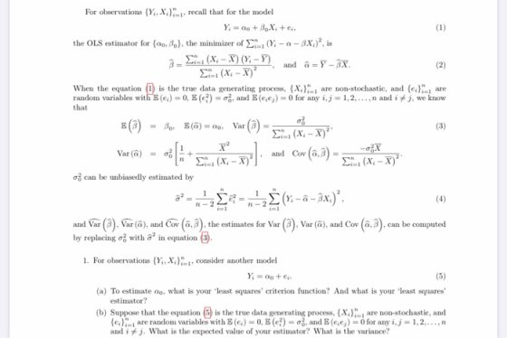 For observations {Y, X;}=1, recall that for the model Y = 0 + Box: +e the OLS estimator for {00, Bo}, the minimizer of E. (Y:
