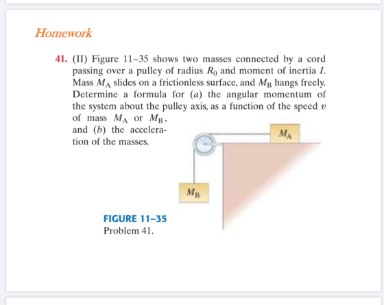 Homework 41. (II) Figure 11–35 shows two masses connected by a cord passing over a pulley of radius Ro and moment of inertia