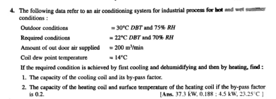 4. The following data refer to an air conditioning system for industrial process for hot and wet conditions Outdoor condition
