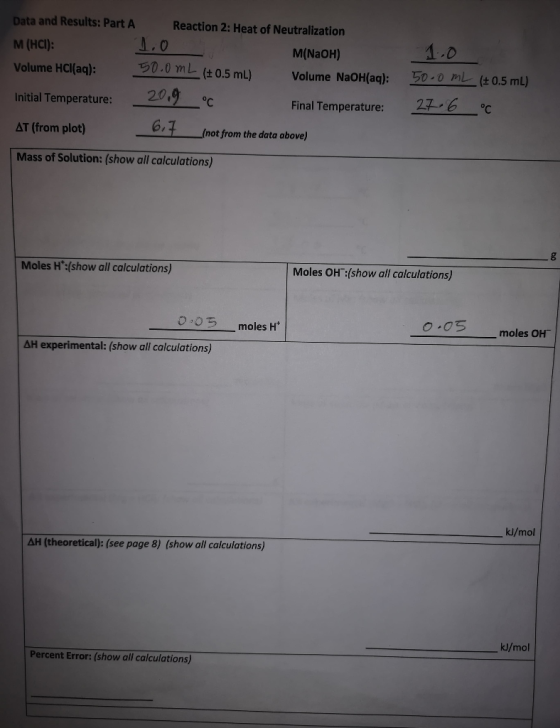 Data and Results: Part A M (HCI): Volume HCl(aq): Reaction 2: Heat of Neutralization M(NaOH) 50.0 mL (+0.5 mL) Volume NaOH(aq
