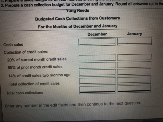 & SuGGULUYOLU UNTUU MUUTUNU 1. POD 2. Prepare a cash collection budget for December and January. Round all answers up to the