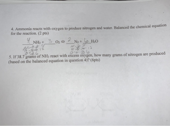 4. Ammonia reacts with oxygen to produce nitrogen and water. Balanced the chemical equation for the reaction. (2 pts) « NH3 +