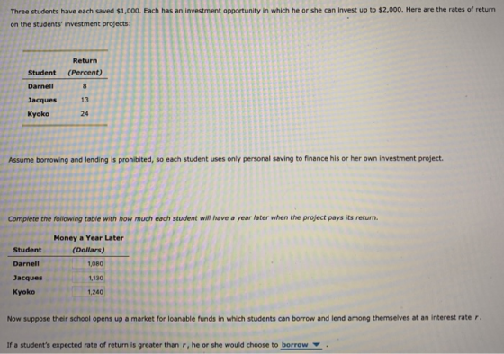she can Invest up to $2,000. Here are the rates of return Three students have each saved $1,000. Each has an investment oppor