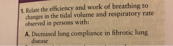1. Relate the efficiency and work of breathing to changes in the tidal volume and respiratory rate observed in persons with: