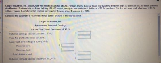 Cooper Industries, Inc., began 2015 with retained earnings of $24.37 milion. During the year it paid four quarterfy dividends of $0.32 per share to 3.17 million common stockholders. Preferred stockholders, holding 521,000 shares, were paid two semiannual dividends of $0.74 per share. The firm had a net profit after taxes of $5.17 million. Prepare the statement of retained earnings for the year ended December 31, 2015 Complete the statement of retained eamings below (Round to the nearest dollar) Cooper Industries, Inc. Statement of Retained Earnings for the Year Ended December 31, 2015 Retained earnings balance (January 1,2015) Plus: Net profits after taxes (for 2015) Less: Cash dividends (paid during 2015) Preferred stock Common stock Total dividends paid Retained earnings balance (December 31, 2015)