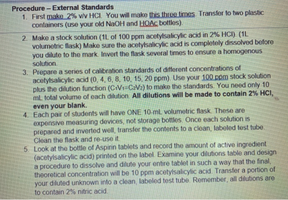 Procedure - External Standards 1. First make 2% V/v HCI. You will make this three times. Transfer to two plastic containers (