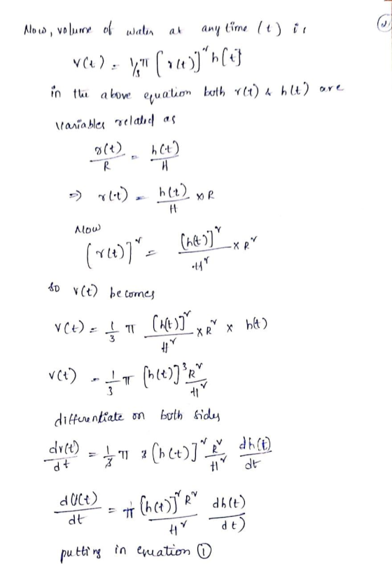 alow, volume of water at any time It) ir VC). (ow))m[] in the above equation both re) 4 h (t) are Manžiables related as >>