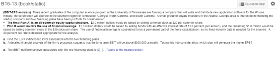B15-13 (book/static) : Question Help O (EBIT-EPS analysis) Three recent graduates of the computer science program at the Univ