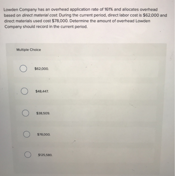 Lowden Company has an overhead application rate of 161% and allocates overhead based on direct material cost. During the curr