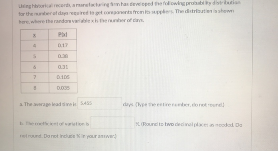 Using historical records, a manufacturing firm has developed the following probability distribution for the number of days re