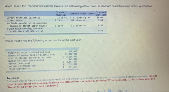 Parker Plastic, Inc., manufactures plastic mats to use with rolling office chairs. Its standard cost information for last yea