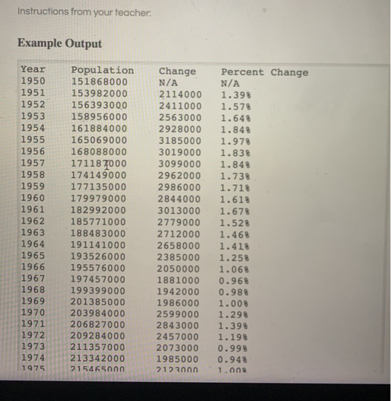 Instructions from your teacher. Example Output Year 1950 1951 1952 1953 1954 1955 1956 1957 1958 1959 1960 1961 1962 1963 196