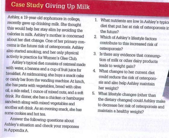 Case Study Giving Up Milk 1. What nutrients are low in Ashleys typioc Ashley, a 19-year-old sophomore in college, recently g