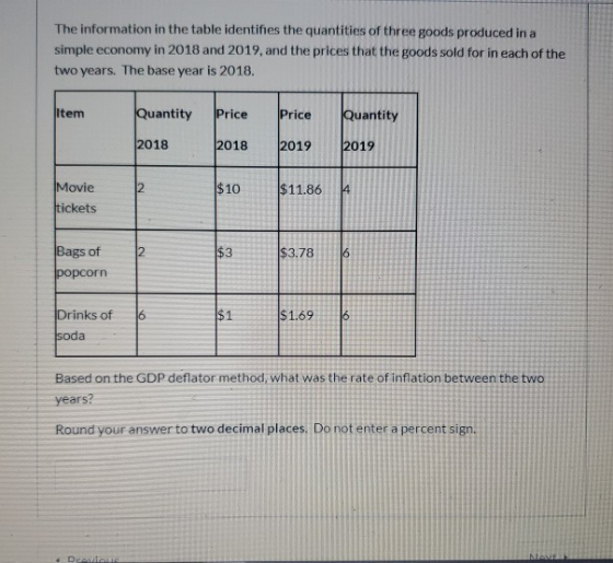 The information in the table identifies the quantities of three goods produced in a simple economy in 2018 and 2019, and the