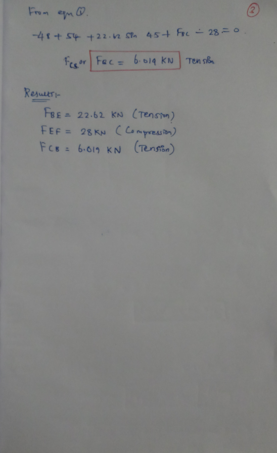 From en Q. -48 +54 +22.62 Sin 45+ Foc - 28.50. fexor Fac= 6.019 KN Tension Resultti FBE = 22.62 KN (Tension) FEF= 28 KN ( Com