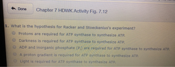 Done Chapter 7 HDWK Activity Fig. 7.12 1. What is the hypothesis for Racker and Stoeckeniuss experiment? Protons are require