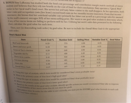 Tall in square 17 8 BONUS Sissy LaRoussa has studied both the food cost percentage and contribution margin matrix methods of