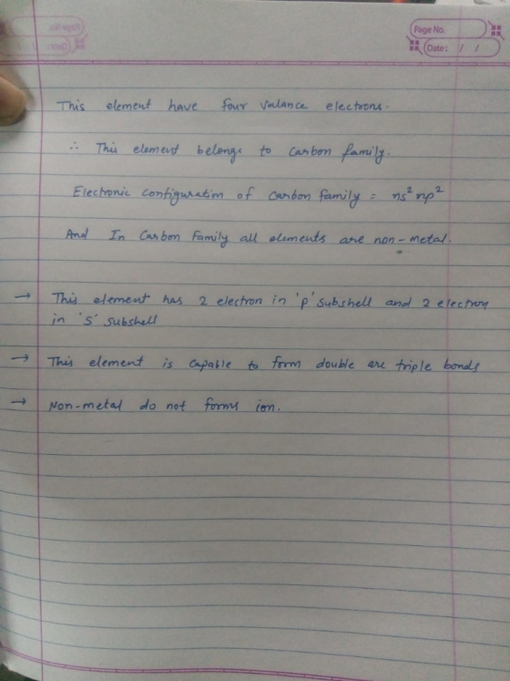 Page No. ate:/ element have four Vaulan ce electron Thai elanm ed belangs to aben famil Elechronie Con m o 2 And In Cas ben f