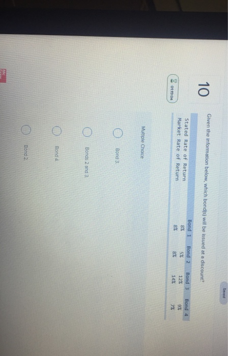 Given the information below, which bonds) will be issued at a discount Bond 1 Bond 2 Bond 4 Stated Rate of Return Market Rate