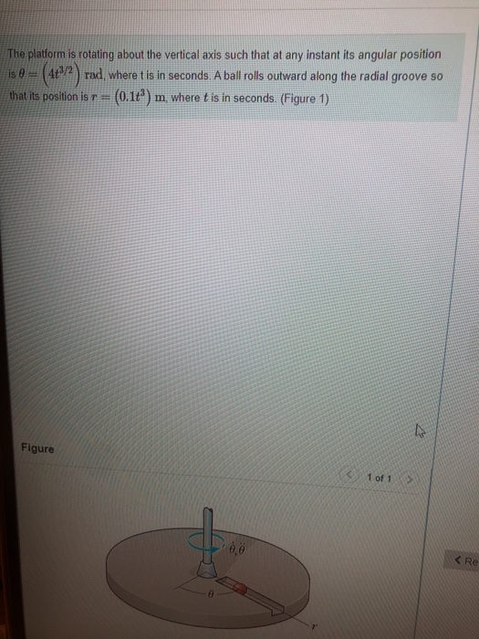 The platform is rotating about the vertical axis such that at any instant its angular position is 0 (482) rad, where t is in