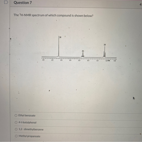 Question 7 4 The H-NMR spectrum of which compound is shown below? Ethyl benzoate 4-t-butylphenol 1,2-dimethylbenzene Methylp