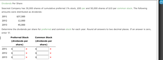 Dividends Per Share Seacrest Company has 30,000 shares of cumulative preferred 1% stock, $50 par and 50,000 shares of $10 par