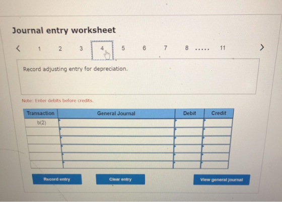 Journal entry worksheet > < 6 7 8 11 3 5 2 1 Record adjusting entry for depreciation. Note: Enter debits before credits. Cred