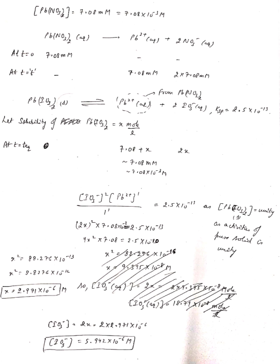 [Pb(NO3)2) = 7,08mM = 7,088103 M Pb(NO3), (aq) = P6 (ag) + 2 Ng Tags Atto 7:08mM At tat 7.08m M 2x7.08mm -. - from Pb u Oy)